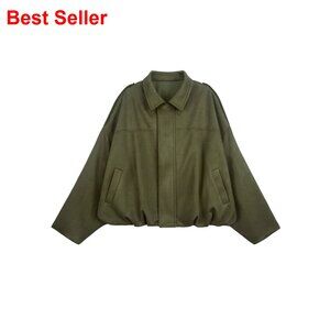 Faux Suede Bomber Jacket Cropped Oversized Pilot Coat Casual Outwear